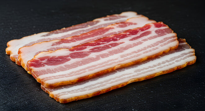Delicious cured bacon slices presented on a dark textured surface