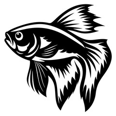 A Black and White Stylized Illustration of a Betta Fish with Long Flowing Fins