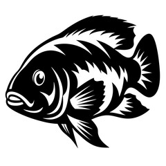 A Striking Black and White Illustration of a Cichlid Fish with Sharp Fin Details