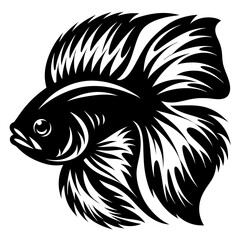 Striking Black and White Illustration of a Fierce Betta Fish with Flowing Fins