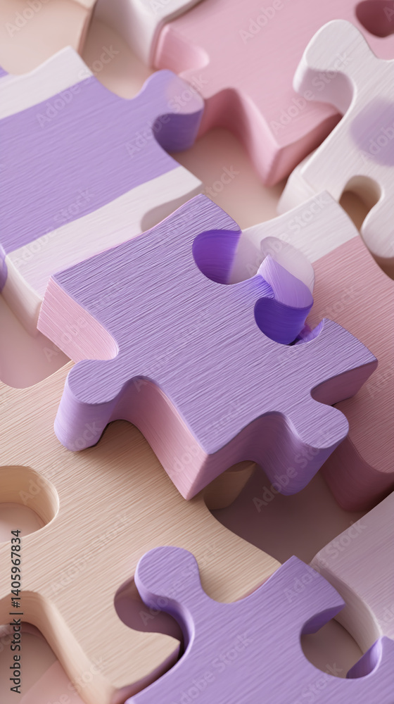 Aufkleber Close-up of pastel-colored puzzle pieces, showcasing a textured surface and interlocking design, representing connection, collaboration, and problem-solving