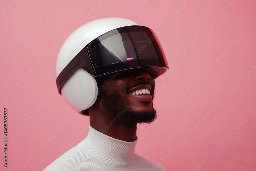 Poster man smiles while wearing an advanced virtual reality helmet with a pink background