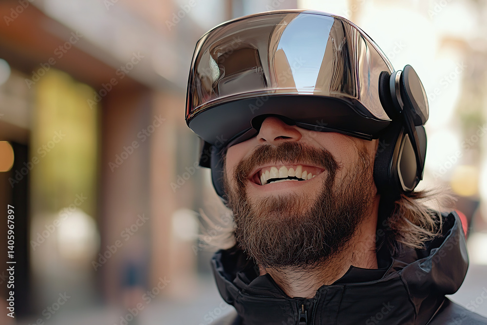Aufkleber man enjoys immersive virtual reality experience in urban setting during daylight hours