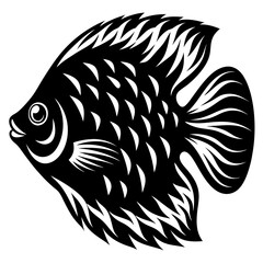 A Stunning Black and White Illustration of a Discus Fish with Intricate Tribal Design Elements