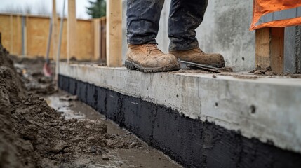 Construction worker inspecting the foundation at a building site. Featuring site inspection and foundation work