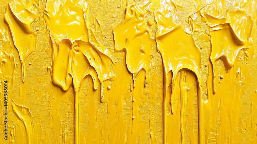 Poster close up of thick yellow paint dripping down a textured surface creating abstract patterns and desig