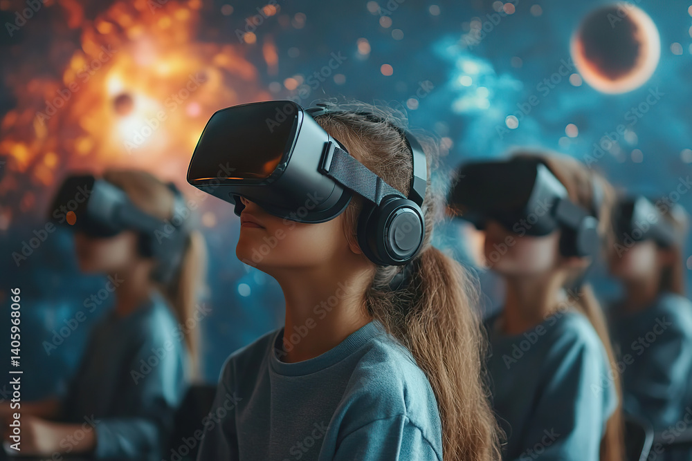 Poster students engaged in immersive virtual reality learning in a vibrant classroom setting