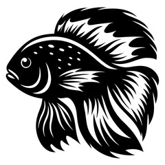 A Stunning Black and White Illustration of a Betta Fish with Intricate Tail Design