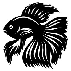 A Striking Black and White Illustration of a Siamese Fighting Fish with Elaborate Fins