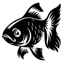 A Black and White Illustration of a Striking Goldfish with Detailed Fins and Scales