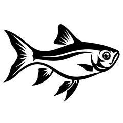 A stylized black and white illustration of a fish swimming gracefully