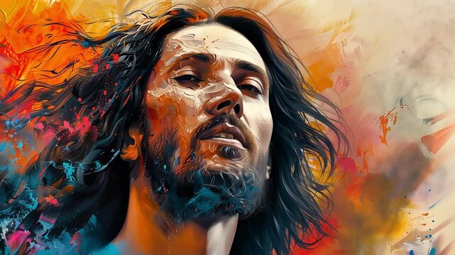 Jesus Christ with closed eyes in expressive abstract brushstroke background. Concept of divine peace, prayer, faith, spiritual awakening, hope. Oil painting animation style