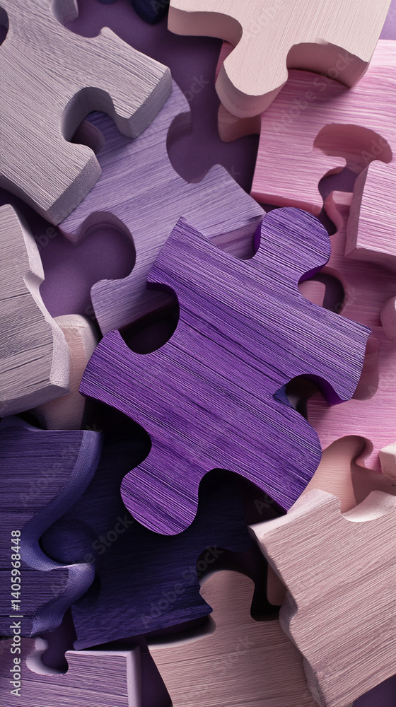 Poster close-up of purple and pink wooden puzzle pieces, textured surface, showcasing connection and collab