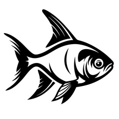 A stylized black and white illustration of a fish with sharp fins and detailed scales