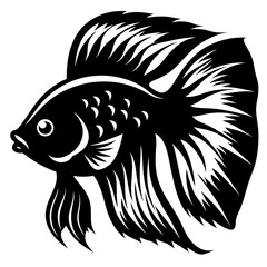 Striking Black and White Illustration of a Betta Fish with Flowing Fins