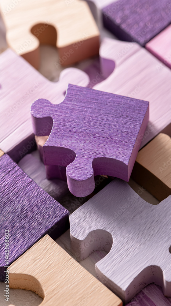 Poster close-up of purple and beige wooden puzzle pieces, textured surface, showcasing connection and colla
