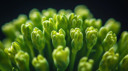 Macro view of a vibrant green broccoli crown, every bud sharply defined against deep black.