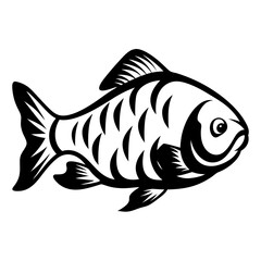 A striking black and white illustration of a fish with detailed scales and fins