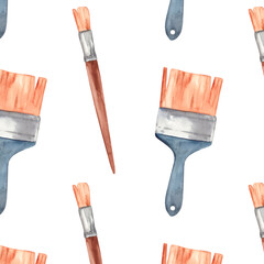 Watercolor seamless pattern with art objects. Painting brushes for fabric and scrapbooking