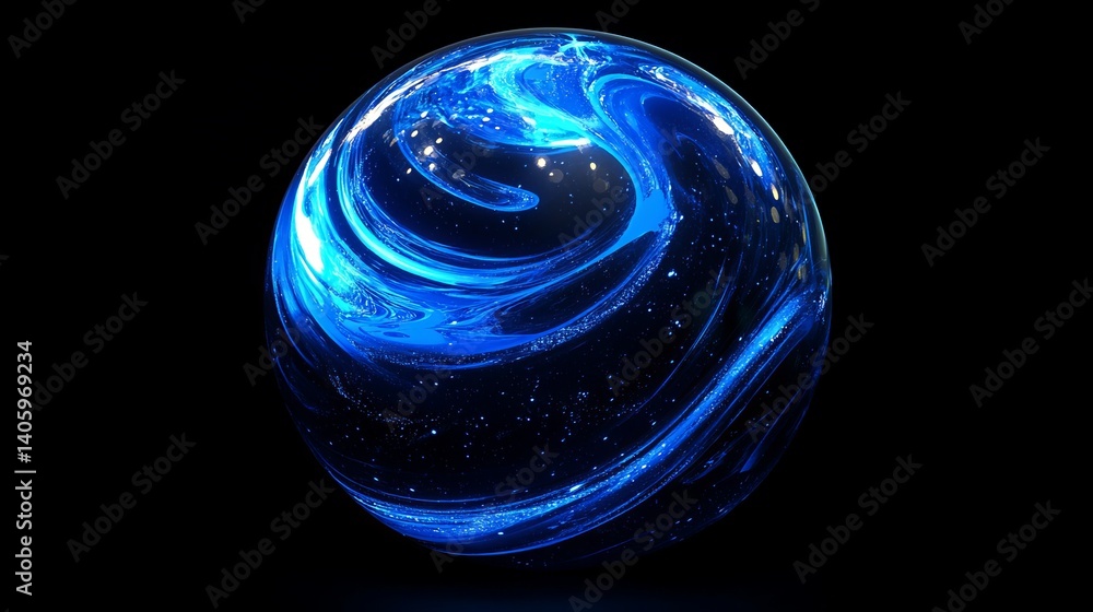 Poster a glowing blue orb with swirling patterns against a stark black background creates a dynamic visual