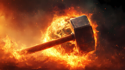 A fiery planet earth engulfed in flames with a large hammer poised to strike, symbolizing global destruction and climate change. Cursed Hammer. Illustration