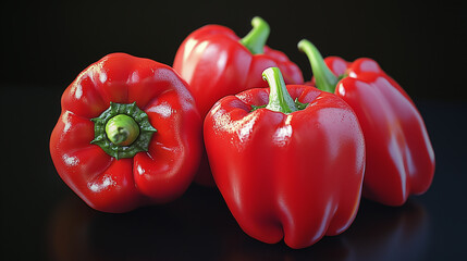 Close-up of chili peppers with glossy red skin and dramatic lighting on black.