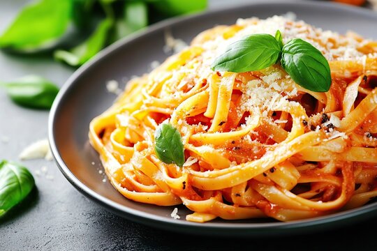 Delicious fettuccine pasta served with rich truffle sauce and garnished with fresh basil