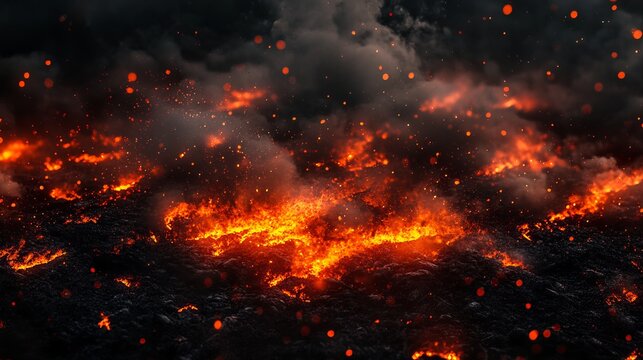 A fiery landscape with intense flames and dark smoke creating a dramatic and intense scene view