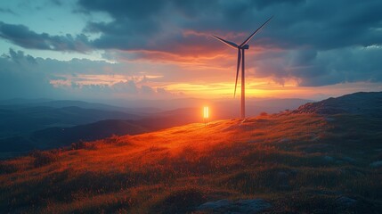 Obraz premium A solitary wind turbine standing on a grassy hill