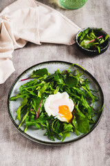 Leafy greens and poached egg on a plate on a table vertical view
