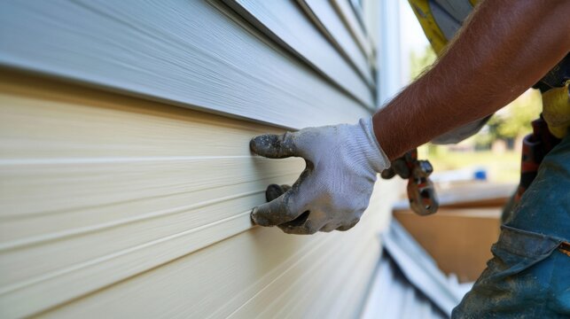 Construction worker installing exterior siding on a new home. Featuring skill and focus