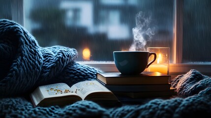 Cozy Winter Retreat: A steaming cup of tea sits on a stack of books by a window, inviting warmth and comfort on a rainy winter day, enveloped in a cozy blue blanket.