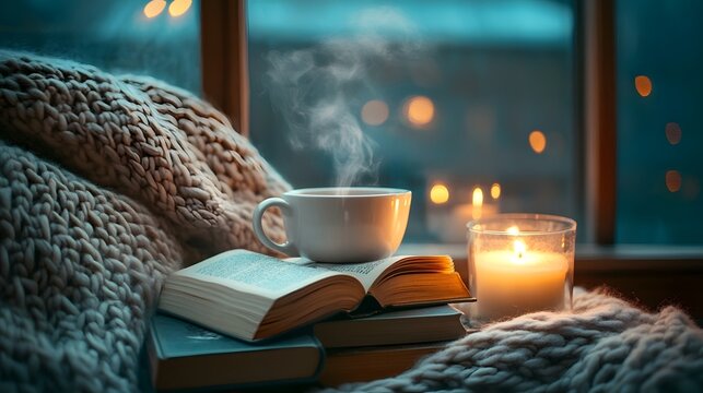 Cozy moments: Steam rises invitingly from a warm cup of coffee. Beside it lies an open book, and a lit candle glows warmly, next to a knitted blanket on a window.