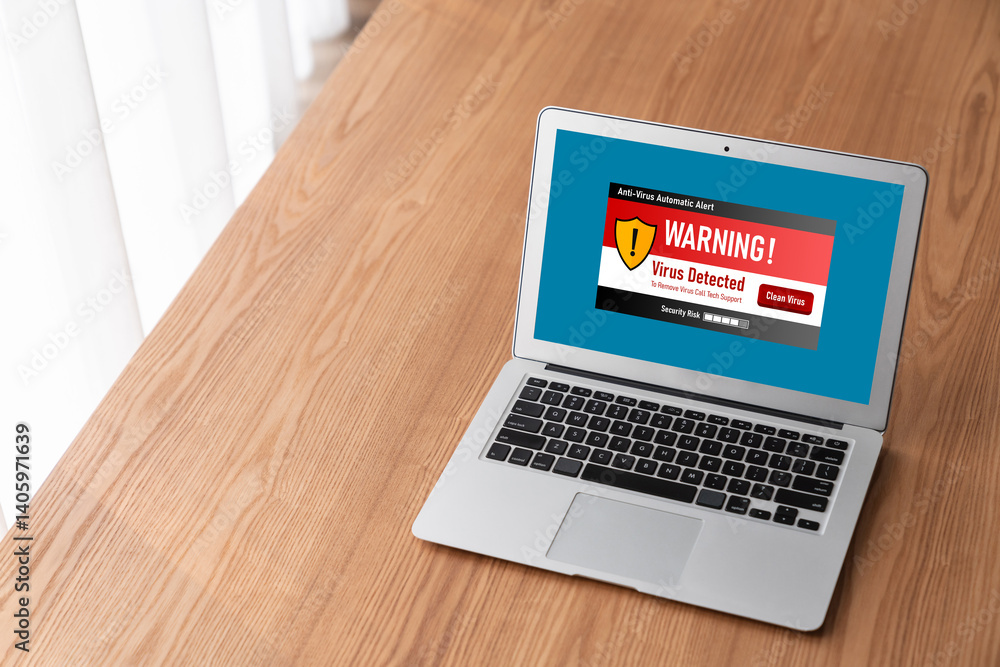 Poster virus warning alert on computer screen detected modish cyber threat , hacker, computer virus and mal
