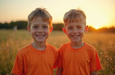 Happy twin brothers wear orange t-shirts, smile on field at sunset. Identical boys enjoy childhood, outdoor leisure time. Family siblings together in summer. Two cheerful kids, brotherhood.