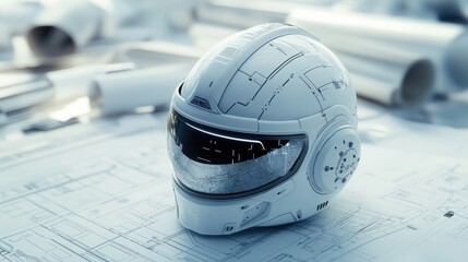 Futuristic white helmet resting on a blueprint, surrounded by holographic construction plans.