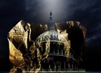 US Constitution and capitol building on dark background -- US political and societal polarization...