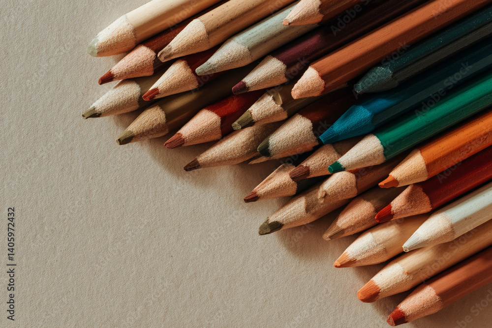Poster close-up of colorful pencils on beige paper, showcasing their wooden texture and sharpened tips. rep