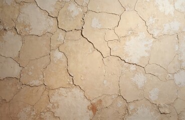 Beige cracked plaster wall texture with elements of rubbed white paint. Pastel tone textured street wall with rough grunge surface. Background for design.