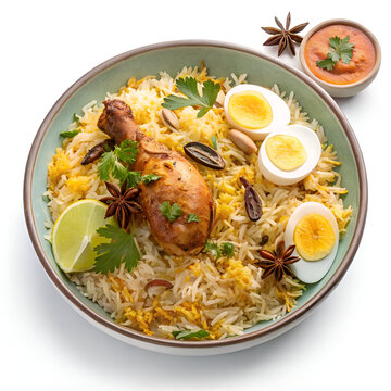 &ldquo;A high-quality PNG image of a delicious serving of chicken biryani. Aromatic basmati rice colored with saffron and turmeric, garnished with fried onions, coriander, and boiled egg halves. Tender, jui
