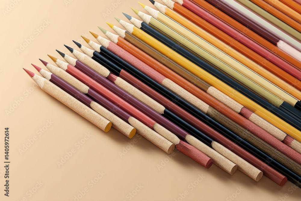 Poster colored pencils arranged diagonally on beige background, showcasing earthy tones and creating a vibr