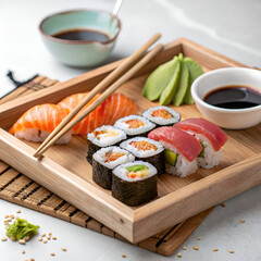 An elegant wooden tray filled with assorted sushi pieces—tuna, salmon, shrimp nigiri, and colorful maki rolls topped with avocado and roe. A small bowl of soy sauce with chopsticks resting beside it, 