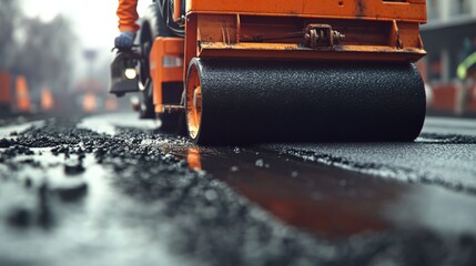 Construction worker laying asphalt on a road construction site. Featuring asphalt paving and roadwork