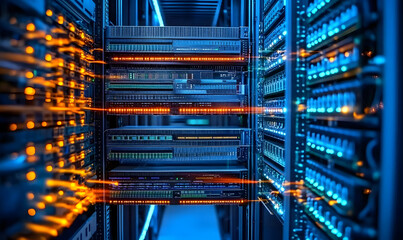 Advanced data center showcasing server cabinets and high tech equipment for cloud computing services