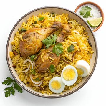 &ldquo;A high-quality PNG image of a delicious serving of chicken biryani. Aromatic basmati rice colored with saffron and turmeric, garnished with fried onions, coriander, and boiled egg halves. Tender, jui