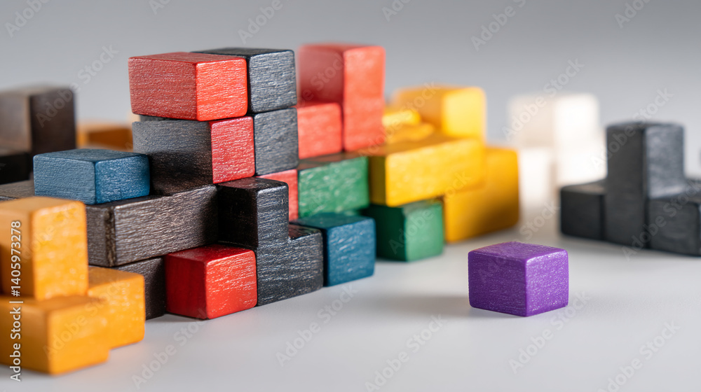 Poster colorful wooden blocks arranged in abstract structure, showcasing problem-solving, creativity, and s