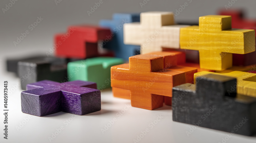 Aufkleber Close-up of colorful wooden plus-shaped blocks, scattered on a surface, showcasing connection and problem-solving concepts