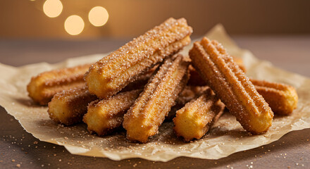 Golden churros with cinnamon sugar served on parchment under warm light