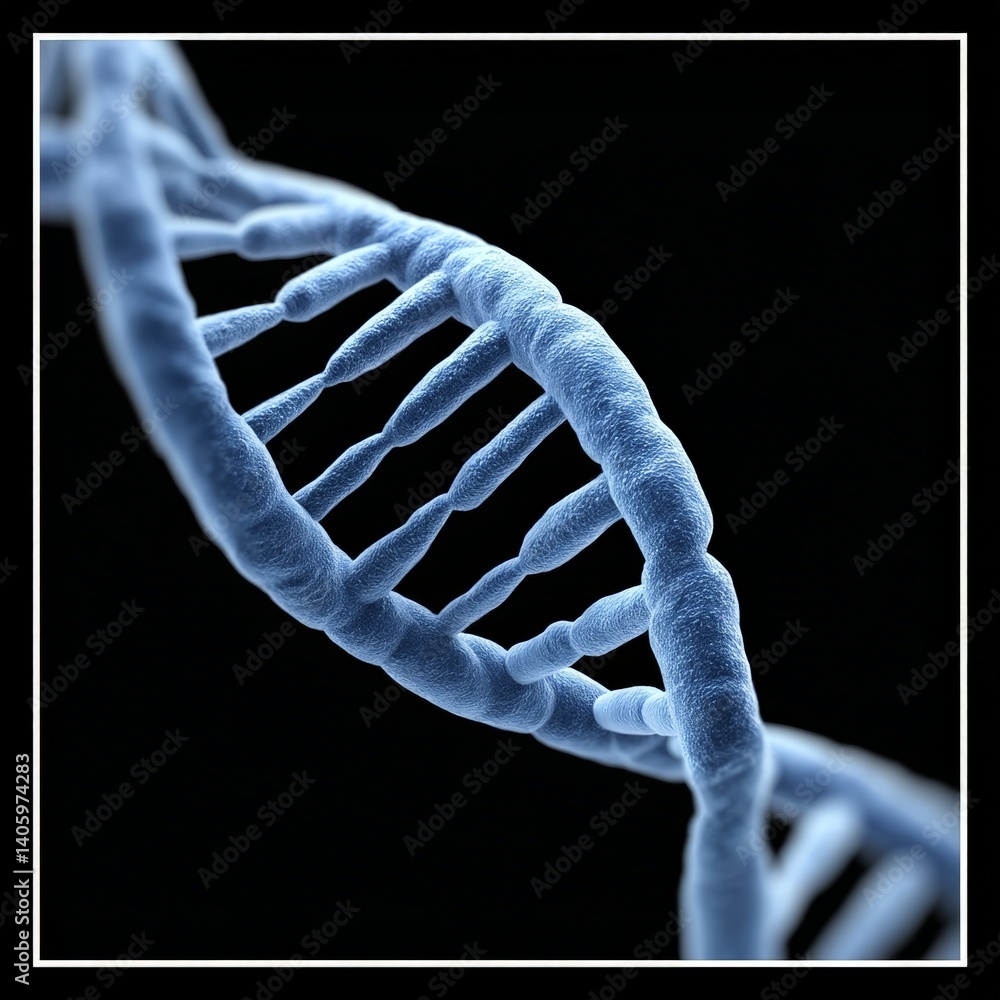 Poster blue toned digital rendering of dna strand on black background with glowing structure visualizing bi