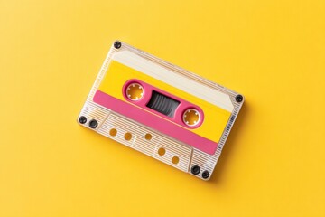 Obraz premium Colorful Audio Cassette Tape Floating Against a Vibrant Yellow Background Showcasing Retro Design Elements of the 1980s and 1990s